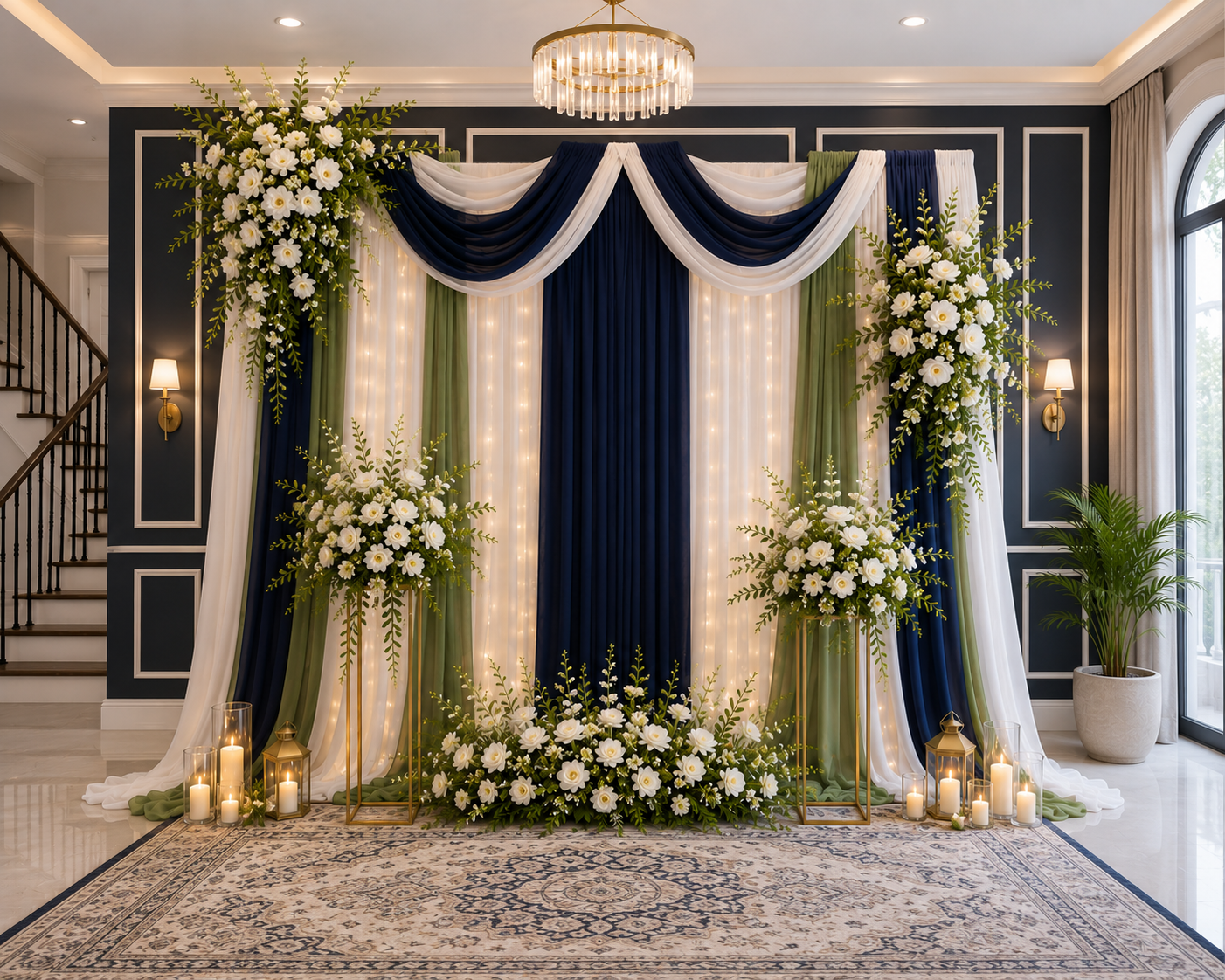 Luxury home welcome party final setup with navy blue, white and sage green curtains, white floral arrangements and elegant gold backdrop frame