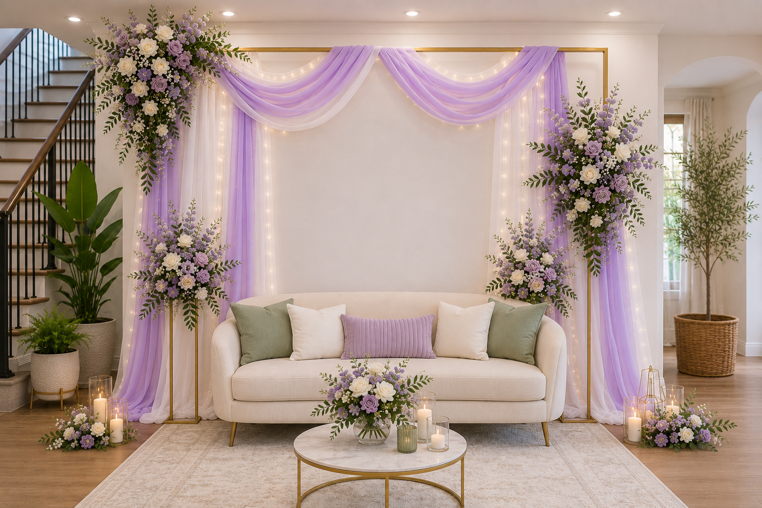 Luxury lavender and white home stage setup with floral backdrop, elegant sofa seating, fairy lights and candle decorations