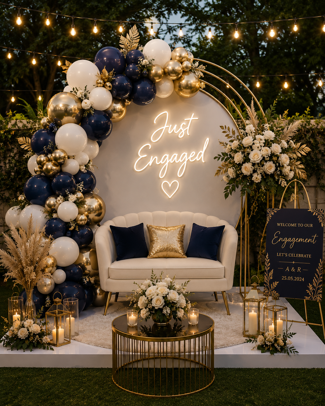 Luxury outdoor engagement setup with navy blue, gold and white balloons, elegant sofa seating, Just Engaged neon sign, floral decorations and warm fairy lights
